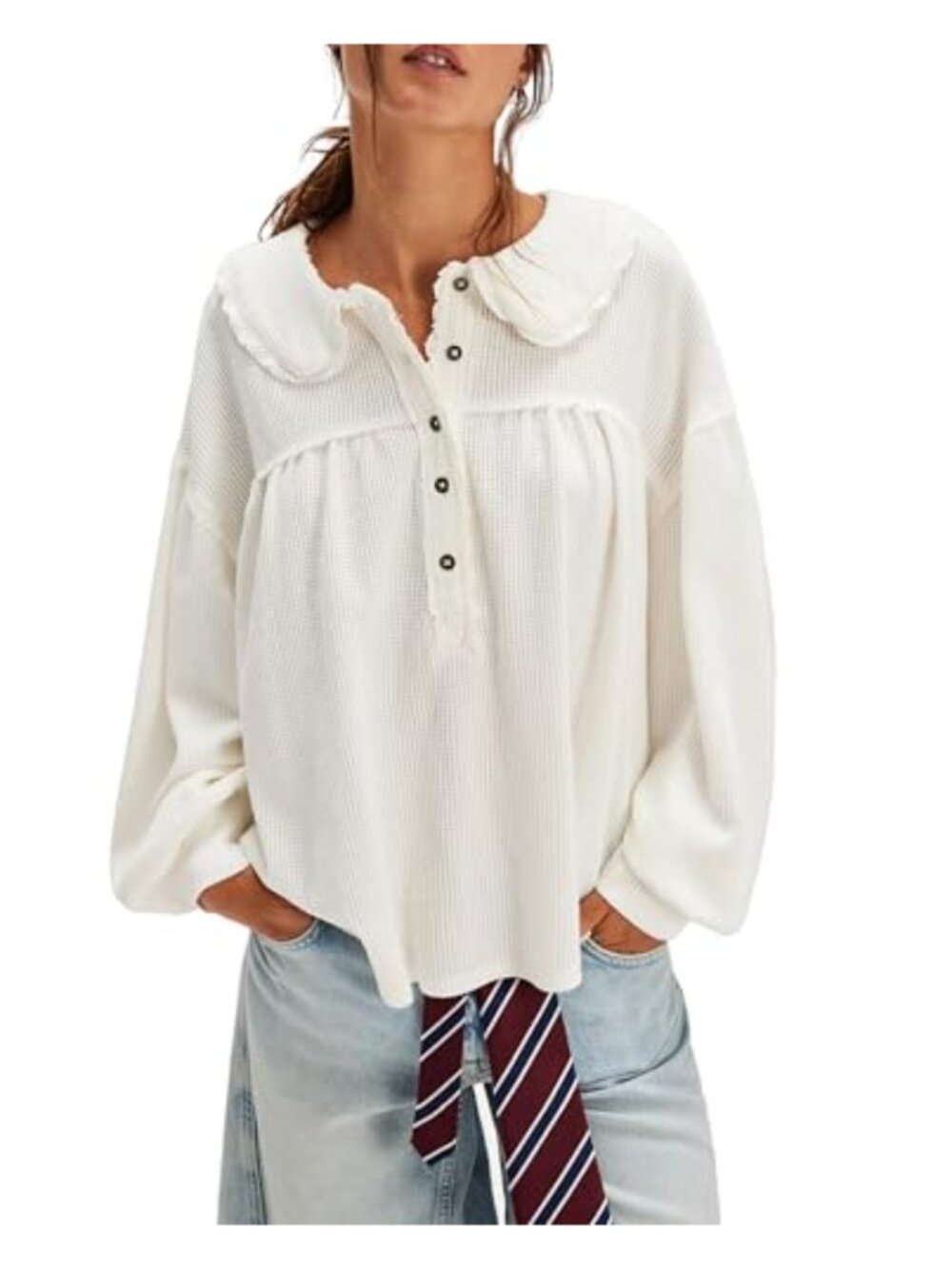Waffle Knit Tunic with Collar Long Sleeve Loose Fit Blouse